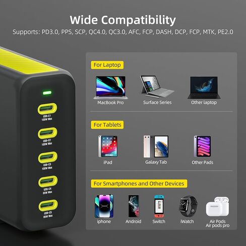 HUNDA 300W USB C شاحن GaN محطة شحن سطح المكتب 5 منافذ PD 100W محول طاقة سريع يدعم PD3.0 /PPS 45W /QC5 لأجهزة MacBook Pro/Air، iPhone 15 Pro، Samsung، HP، Dell إلخ in Kuwait