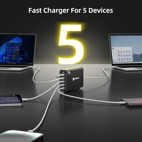 HUNDA 300W USB C شاحن GaN محطة شحن سطح المكتب 5 منافذ PD 100W محول طاقة سريع يدعم PD3.0 /PPS 45W /QC5 لأجهزة MacBook Pro/Air، iPhone 15 Pro، Samsung، HP، Dell إلخ in Kuwait