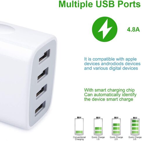 Mutilple Port Wall Charger,Sicodo Charging Block 2 Pack Charger Adapter 4.8Amp Fast Charging Station USB Charge Block Plug for iPhone 15/14/13/12/SE/11/X Pro, Plus,Samsung S23/S22/S21/S20/S10,USB Plug in Kuwait