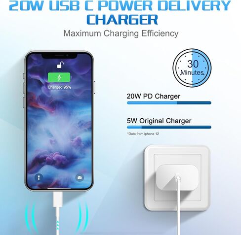 PD 20W Type C Fast Charger Block, Othoking USB C Wall Charger with 4FT USB C to Lighting Fast Charging Data Sync Cable Compatible for iPhone 14 13 12 11 XS XR X 8 iPad More in Kuwait