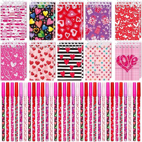 50 Pcs Valentine's Day Stationery Set Includes 20 Valentine Mini Notepads Notebooks 30 Ballpoint Pens for Kids School Classroom Exchange Gifts Party Favors Supplies in Saudi Arabia
