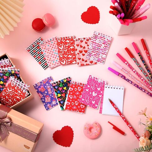 50 Pcs Valentine's Day Stationery Set Includes 20 Valentine Mini Notepads Notebooks 30 Ballpoint Pens for Kids School Classroom Exchange Gifts Party Favors Supplies in Saudi Arabia
