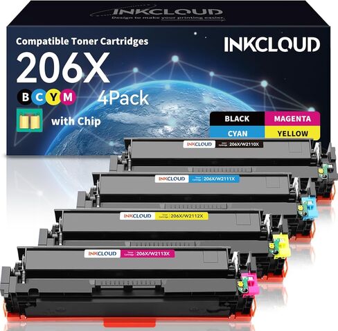 خراطيش حبر INKCLOUD 206X مكونة من 4 قطع (مع شريحة) بديلة متوافقة لـ HP 206X A W2110A W2110X تعمل مع حبر طابعة HP Color Pro MFP M283fdw M283cdw M283 Pro M255 M255dw حبر عالي الإنتاجية in Kuwait