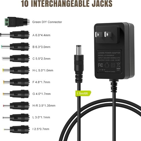 محول إمداد الطاقة لينينك 12 فولت 2 أمبير مع 10 أطراف، شاحن بديل مع قابس تيار مستمر قابل للتبديل لأجهزة 12 فولت 2000 مللي أمبير (6 أقدام، أسود) in Kuwait