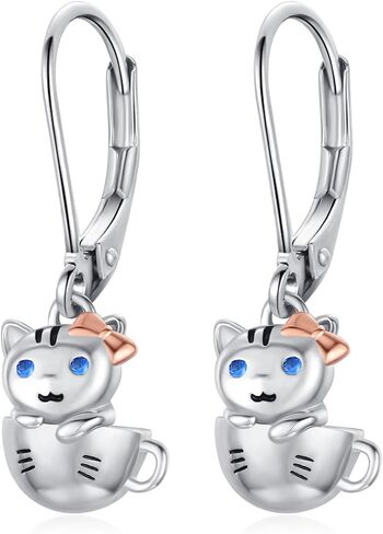 Generic Hypoallergenic Cat Earrings for Girls Women 925 Sterling Silver Cute Animal Kitten Dangle Drop Earring Cat Jewelry Gifts in Saudi Arabia