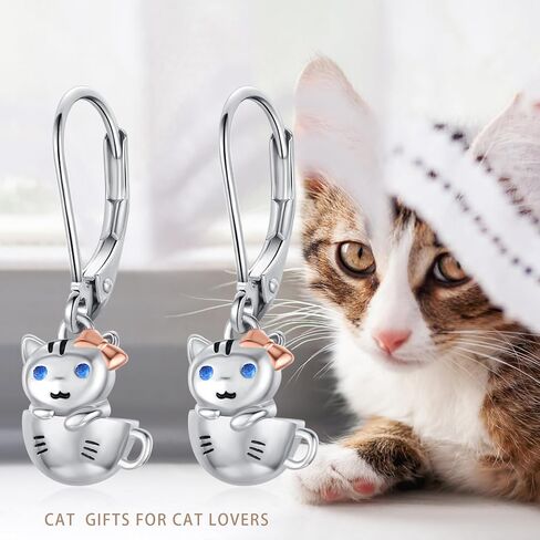Generic Hypoallergenic Cat Earrings for Girls Women 925 Sterling Silver Cute Animal Kitten Dangle Drop Earring Cat Jewelry Gifts in Saudi Arabia