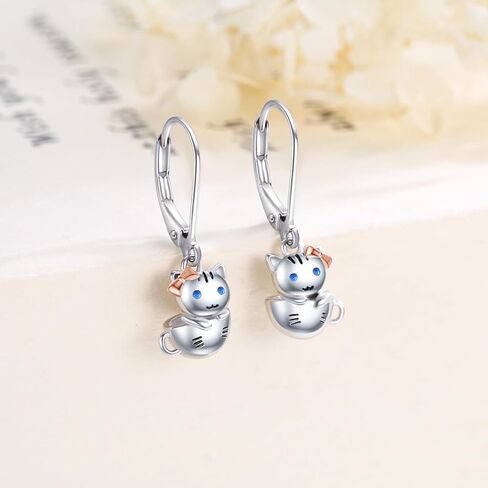 Generic Hypoallergenic Cat Earrings for Girls Women 925 Sterling Silver Cute Animal Kitten Dangle Drop Earring Cat Jewelry Gifts in Saudi Arabia