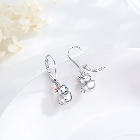 Generic Hypoallergenic Cat Earrings for Girls Women 925 Sterling Silver Cute Animal Kitten Dangle Drop Earring Cat Jewelry Gifts in Saudi Arabia