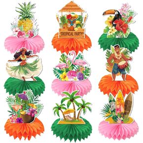 TONIFUL 9 Pcs Hawaiian Luau Honeycomb Centerpieces - Tropical Party Decorations & Supplies Table Toppers Hawaii Paper Centerpieces for Hawaii Tropical Luau Party Supplies