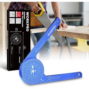 WORKPRO Aluminum Miter Saw Protractor, 7.3 Inch Angle Finder Featuring Precision Laser Engraved Scales for Inside and Outside Corner, Carpenters, Plumbers and All Building Trades, 360° Rotation, Blue