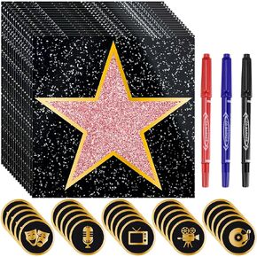 Pasimy Movie Star Stickers Movie Theme Party Decorations Red Carpet Party Decorations Stars Props with Black Red Blue Marker for Movie Night Red Carpet Party Decorations(25 Pcs)