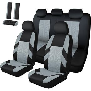 AKAUTO Car Seat Covers Front Pair with Seat Belt Pads and Steering Wheel Cover, Premium Automotive Interior Covers, Seat Covers with Removable Headrest, Universal Fit for Most Cars, Sedan, Truck, SUV