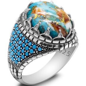 S925 sterling silver oval sky blue stone declaration turquoise men's ring, Türkiye retro carving national design handmade jewelry, gem Valentine's Day anniversary birthday gift for his daily wear