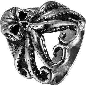 Octopus Skull Ring for Men, Stainless Steel Cthulhu Ring, Vintage Gothic Punk Biker Rings, Jewelry Gift for Christmas Valentine's Day Birthday