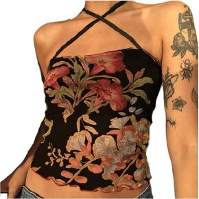 Women Y2k Tube Tops Halter Sleeveless Floral Print Backless Aesthetic Slim Crop Tank Top Cami Streetwear
