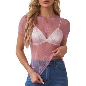 WIHOLL Womens Short Sleeve Mesh Tops Sexy Crew Neck Summer Loose FIt Party Clubwear Shirts