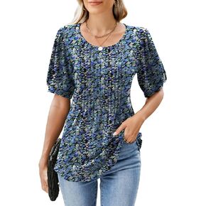 Women's Tunic Tops Puff Short Sleeve Pleated Summer Tshirt Dressy Casual Trendy Blouses
