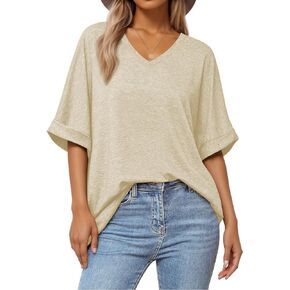 Women's Summer Tops Oversized Tshirts Half Sleeve Loose Fit V Neck Casual Blouse Tee 2024