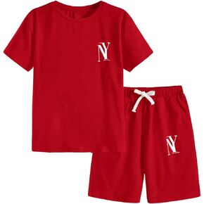 GORGLITTER Boy's 2 Piece Outfits Letter Print Graphic Tee Drawstring Waist Running Shorts Clothing Sets