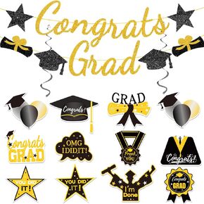 Graduation Decorations Class of 2024, Graduation Party Supplies with Hanging Swirls, Graduation Party Decorations 2024,Gold GlitterCongrats Grad Banner for Congratulation Graduation Party