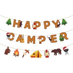 Camping Party Banner Happy Camper Banner Fun House Banner with Campfire Tent Oil Lamp Adventure Camping Birthday Party Decorations