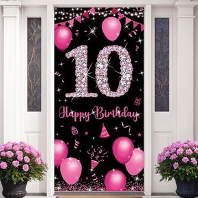Fabric 10th Birthday Door Banner Decorations, Happy 10th Birthday Decorations for Girls, Hot Pink 10 Year Old Birthday Party Yard Sign, Photo Props Background Decor Supplies Outdoor Indoor