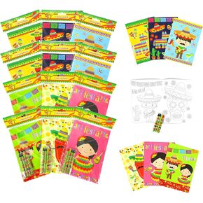 TINYMILLS Mexican Fiesta Coloring Book Set for Kids Party Favors with 12 Coloring Books and 48 Crayons Fiesta Party Favor Bag Filler Spanish Classroom Rewards Cinco de Mayo Party Favors