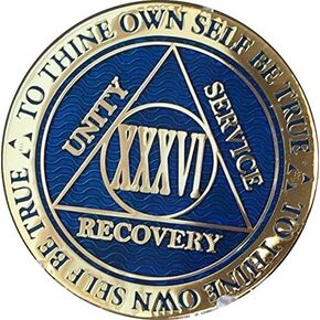RecoveryChip 36 Year Reflex Blue Gold Plated AA Medallion Alcoholics Anonymous Chip
