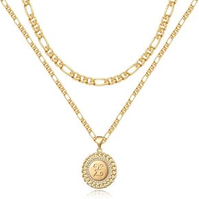 Layered Initial Gold Necklaces for Women, 14K Gold Plated Figaro Chain Initial Necklace for Women Gold Pendent Necklaces Trendy Gold Jewelry for Women