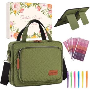 Upgrade Bible Cover Case for Women, w/Shoulder Strap and Book Stand, Carrying Book Case Church Bag, Quilted Green