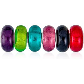 Mixed Set Of 6 BundleTranslucent Aqua Blue Pink Yellow Green Red Clear Multi Color Glass Faceted Charm Bead Spacer For Women Teen .925 Sterling Silver Core Fits European Bracelet