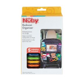 Nuby Backseat Car Organizer Set: Organizer with Tablet Holder, Storage Pockets and 5 Linkable Hooks for Attaching Accessories | Easy to Clean Black