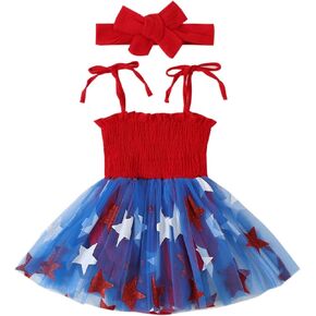 Lesimsam 4th of July Baby Girl Outfit Newborn Tulle Romper Dress Strap Sleeveless Stars Tutu Jumpsuit Bodysuit with Headband