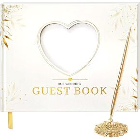 Wedding Guest Book and Elegant Guest Book Wedding Reception with Hardcover 8"x10", Guest Book for Wedding with Golden Pen with its Gold Metal Base, 100 Blank Pages for Wedding Guest Book Sign Include