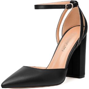 Pointed Toe Pumps - Fashion Ankle Strap Closed Toe Heels, Chunky Heels for Women