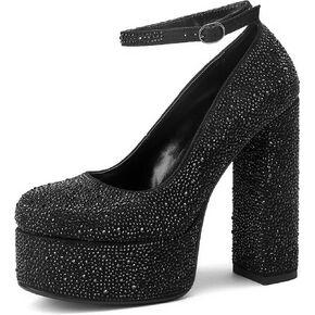 Women's Rhinestone Pumps Chunky Platform Heels Buckle Closed Toe Dress Shoes for Women with 5 in Heels