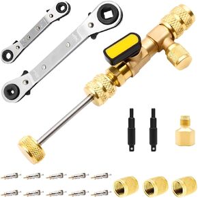 Valve Core Remover Tool with Dual Size SAE 1/4 & 5/16 Port, 10PCS Valve Cores with Teflon Seal and 3PCS Brass Nuts with HVAC Service Wrench Set with Hex Bit Adapters for HVAC Equipment Repair