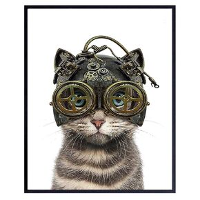 Gothic Steampunk Cat in Goggles, Gears - Cat Wall Art - Steampunk Decor - Gothic Home Decor - Cute Cat Lover Gifts for Kitty Kitten Pussycat Victorian Renaissance Fan - 8x10 Cat Poster Picture