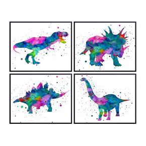 Dinosaur Watercolor Wall Art Print - Set of Four (8x10) Unframed Photos - Perfect Gift for Boys and Kids Rooms, Nursery - Chic Home Decor