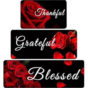 3 Pcs Red Rose Kitchen Rug Set Red Rose Kitchen Decor Rug Non Slip Kitchen Floor Mat Farmhouse Country Kitchen Rugs and Mats Kitchen Decor Accessories, 20 x 32'', 20 x 47'', and 20 x 59'' in Saudi Arabia