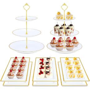 DI QIU REN 8PCS Cake Stand Set, Plastic Cupcake Stands with Gold Rim, Dessert Display Stands Set for Wedding Birthday Party Baby ShowerTea Party