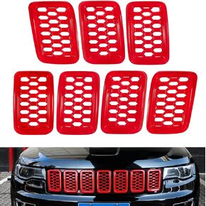 Honeycomb Mesh Front Grill Cover Trim Kit Compatible with Jeep Grand Cherokee WK2 2017-2022 Exterior Grill Decoration Accessories (Red Grill Inserts Trim)