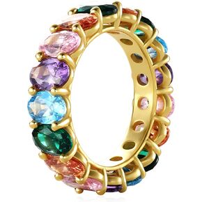 18K Gold Plated Sterling Silver Stackable Ring for Women Cubic Zirconia Oval Cut Eternity Ring Wedding Band Handmade Eternity Ring Engagement Anniversary Ring for Women Size 5-9 Lion Rings for Women Stackable Rainbow Colored Gemstone Eternity Rings with S