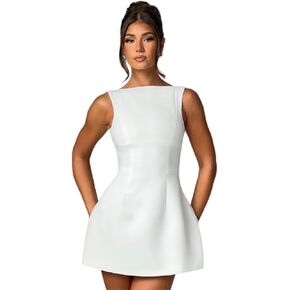 ANKOMINA Women's Elegant Pockets Mini Dress Cap Sleeve Mock Neck Tank Short Dress Bodycon Casual Work Office A Line Dresses