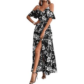 MakeMeChic Women's Floral Summer Dress Cold Shoulder Split Thigh Belted A Line Flowy Maxi Long Dress