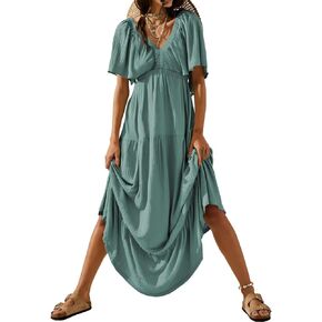 Acelitt Women Casual V Neck Short Sleeve Tiered Long Maxi Dress,S-XXL