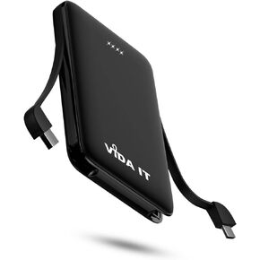 Vida IT Compact Power Bank Portable Charger for Samsung Galaxy S22 S21 S10 S7 Edge Motorola LG Google Pixel Android Cell Phone USB-C External Battery Pack 5000mAh with Built-in Cable