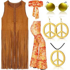 7 Pcs 60s 70s Hippie Outfits for Women Fringe Vest Boho Flared Pants Peace Sign Accessories Set