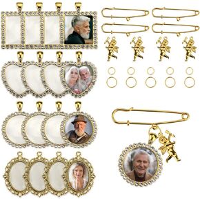 50PCS Wedding Bouquet DIY Photo Charm Rhinestone Pin Brooch Making Kit Memorial Picture Charm with Clear Glass Cabochons Cupid Pendant Jump Rings for Craft Jewelry Making