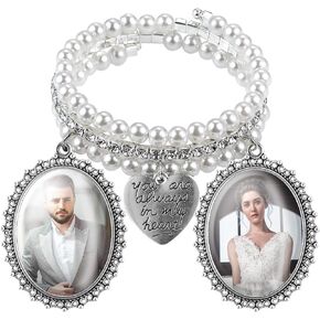 SAVITA Wedding Bouquet Charm, Bouquet Picture Charm Wedding Bouquet Photo Charms with Oval Glass Cabochons Wedding Photo Charm with Heart Styled Pendent Pearl for Bridal Shower